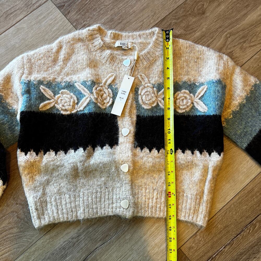 MAHILA Women's Louisa Bloom Cropped Cardigan Fuzzy Embroidered Rosette Size L - Picture 5 of 10